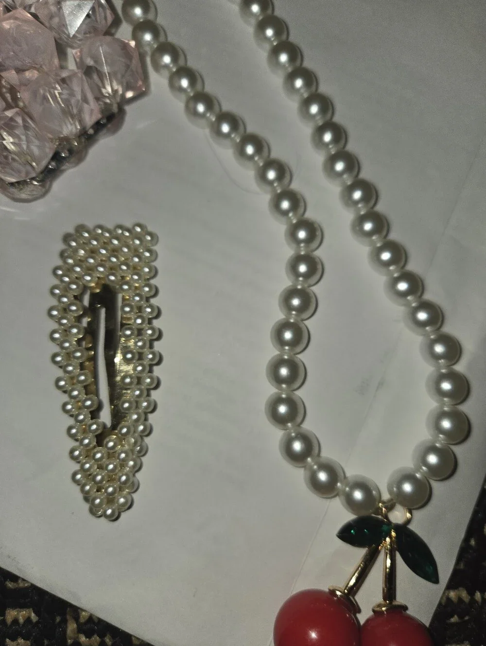 Pearl Necklace with Red Cherry Pendant by